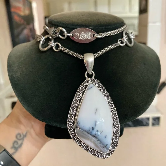 925 sterling silver overlay white grey agate gemstone charm boho stone necklace - Picture 11 of 14